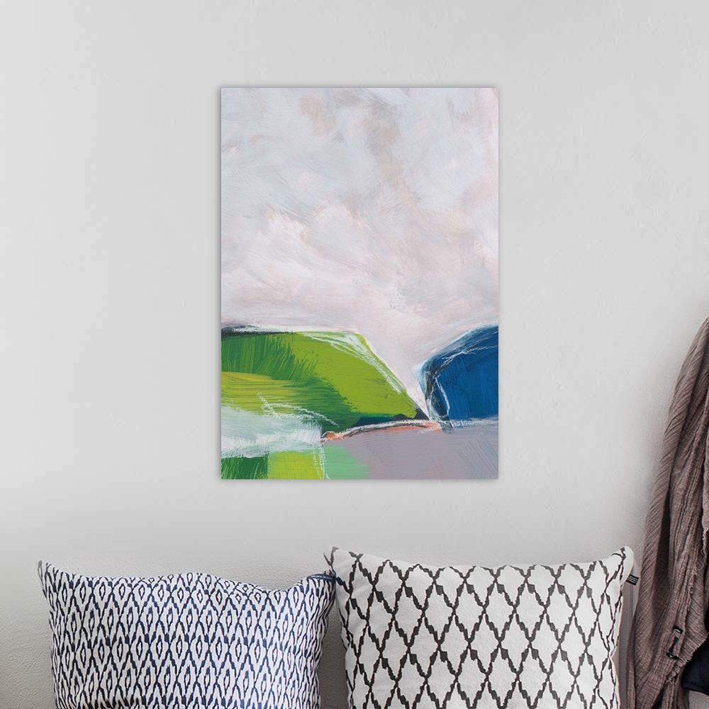 A bohemian room featuring Abstract landscape painting in cool shades of blue, green, and grey.