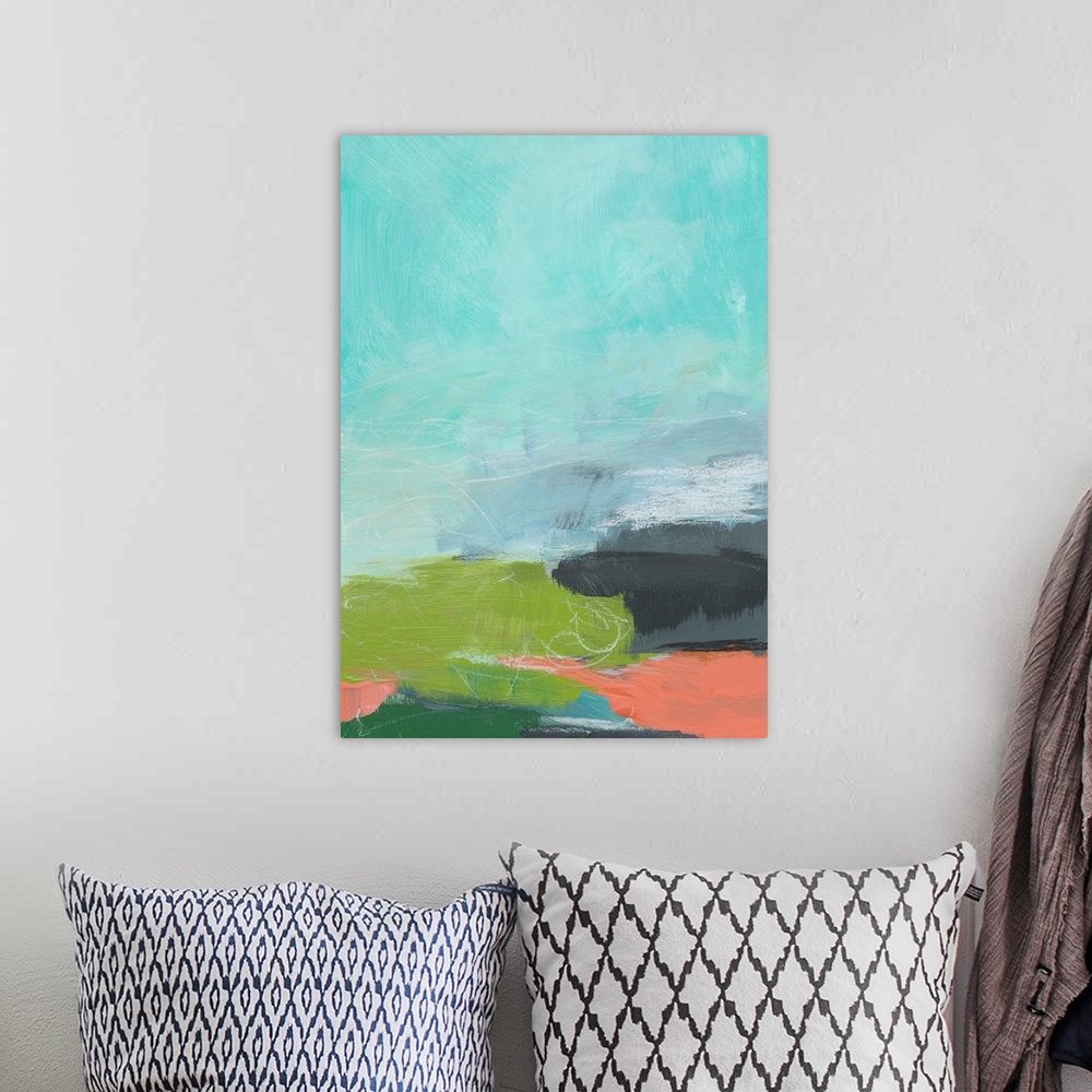 A bohemian room featuring Abstract landscape painting in cool shades of blue, green, and orange.