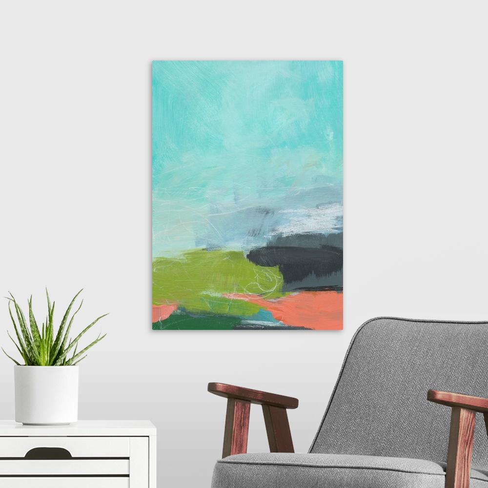 A modern room featuring Abstract landscape painting in cool shades of blue, green, and orange.