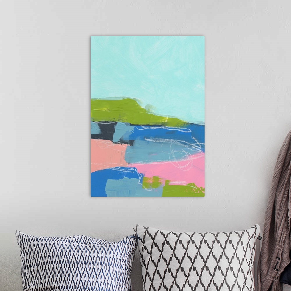 A bohemian room featuring Abstract landscape painting in cool shades of blue, green, and pink.