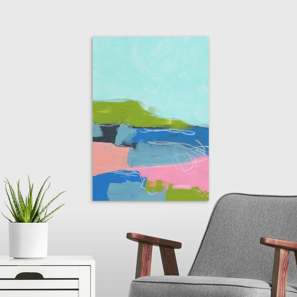 A modern room featuring Abstract landscape painting in cool shades of blue, green, and pink.