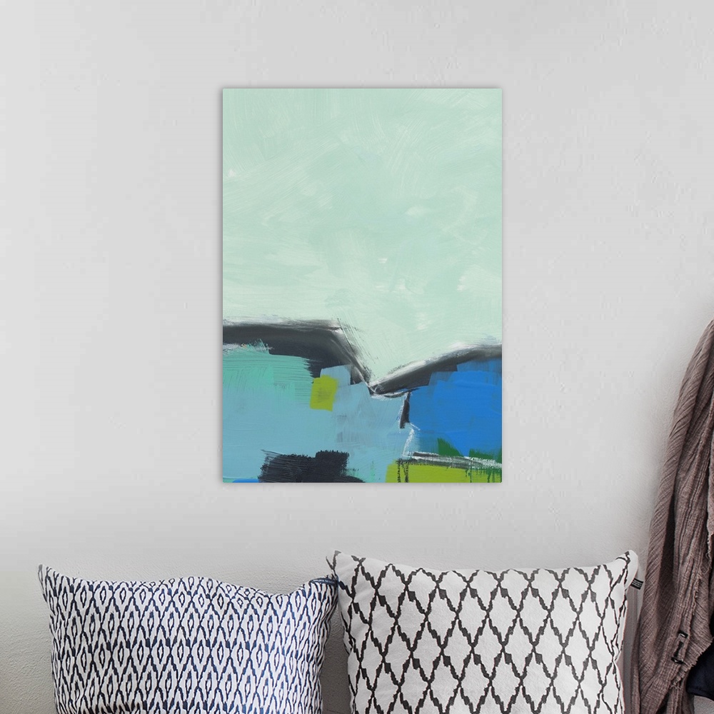 A bohemian room featuring Abstract landscape painting in cool shades of blue, green, and grey.