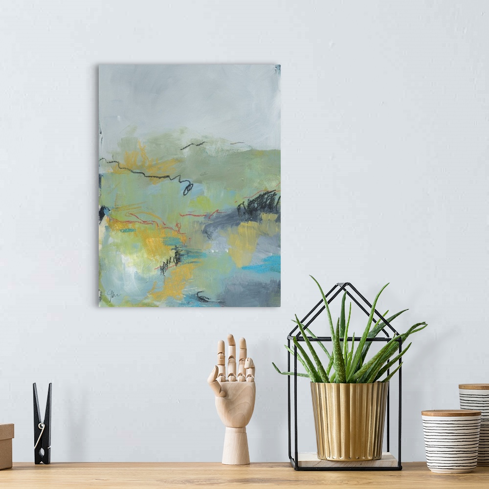 A bohemian room featuring Contemporary artwork featuring an abstract landscape of subdued colors with mark making lines thr...