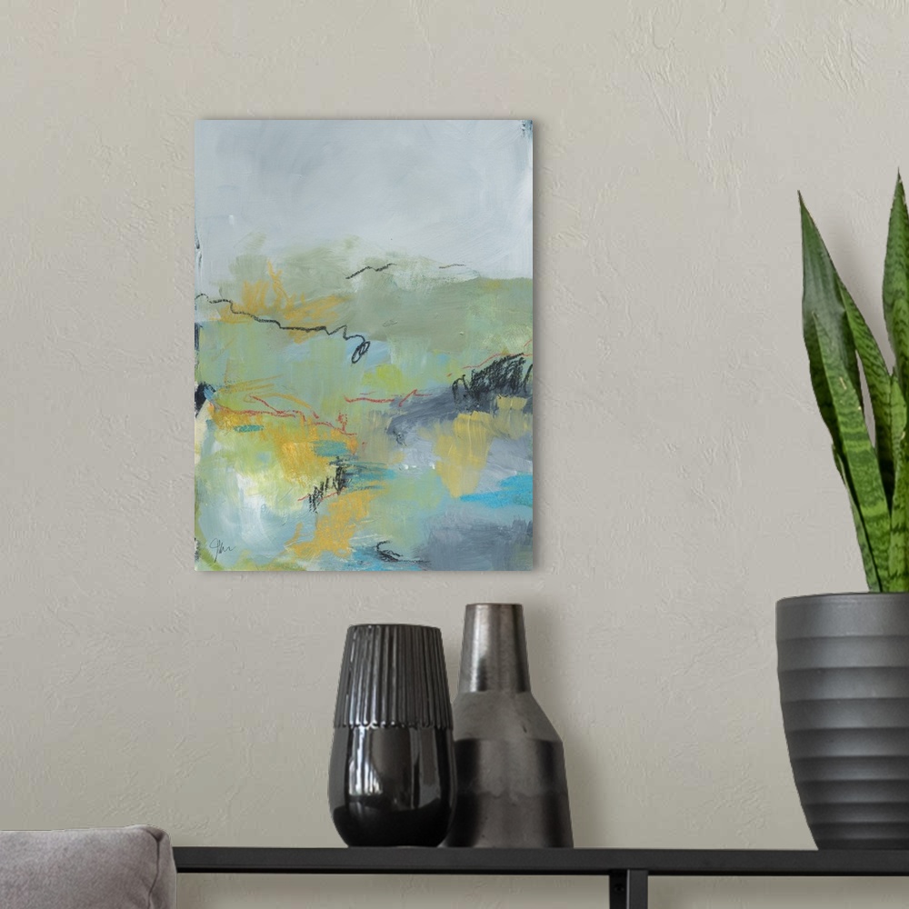 A modern room featuring Contemporary artwork featuring an abstract landscape of subdued colors with mark making lines thr...