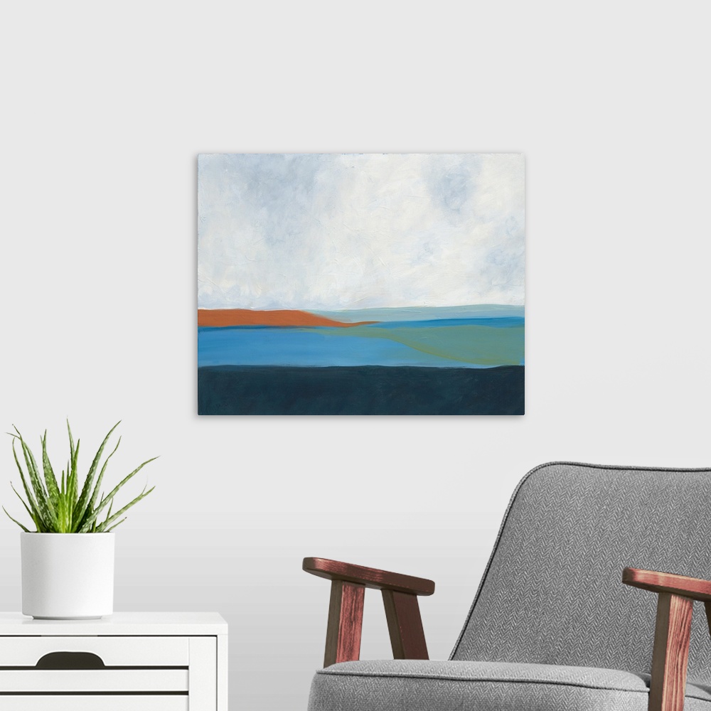 A modern room featuring A contemporary abstract painting with blue, white, green, and orange hues layered on top of each ...
