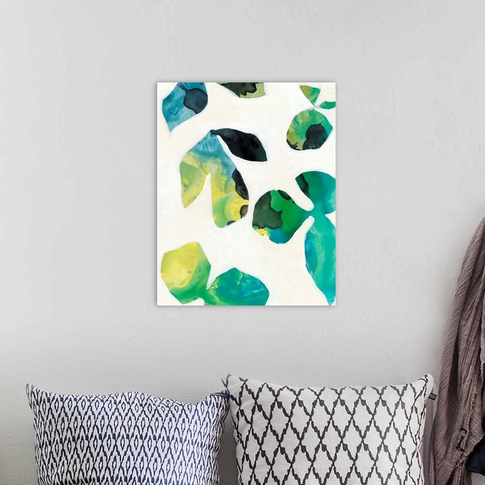 A bohemian room featuring Blue and green leaves float quietly on a soft white background. This print would work well in a h...
