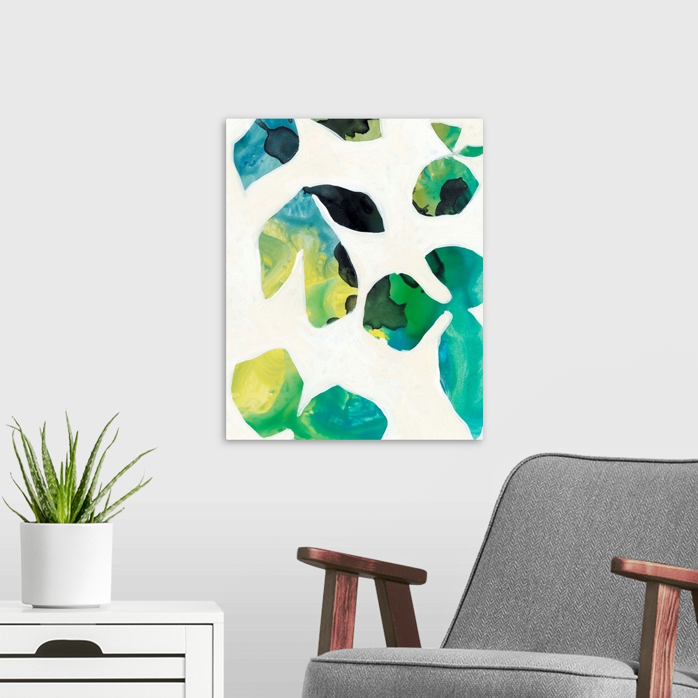 A modern room featuring Blue and green leaves float quietly on a soft white background. This print would work well in a h...