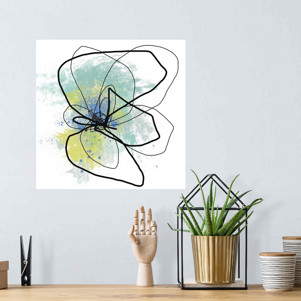 A bohemian room featuring Mixed digital art piece of and outline of a flower head with cool color paint splashes representi...