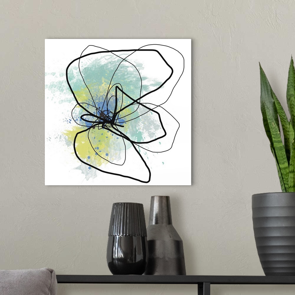 A modern room featuring Mixed digital art piece of and outline of a flower head with cool color paint splashes representi...