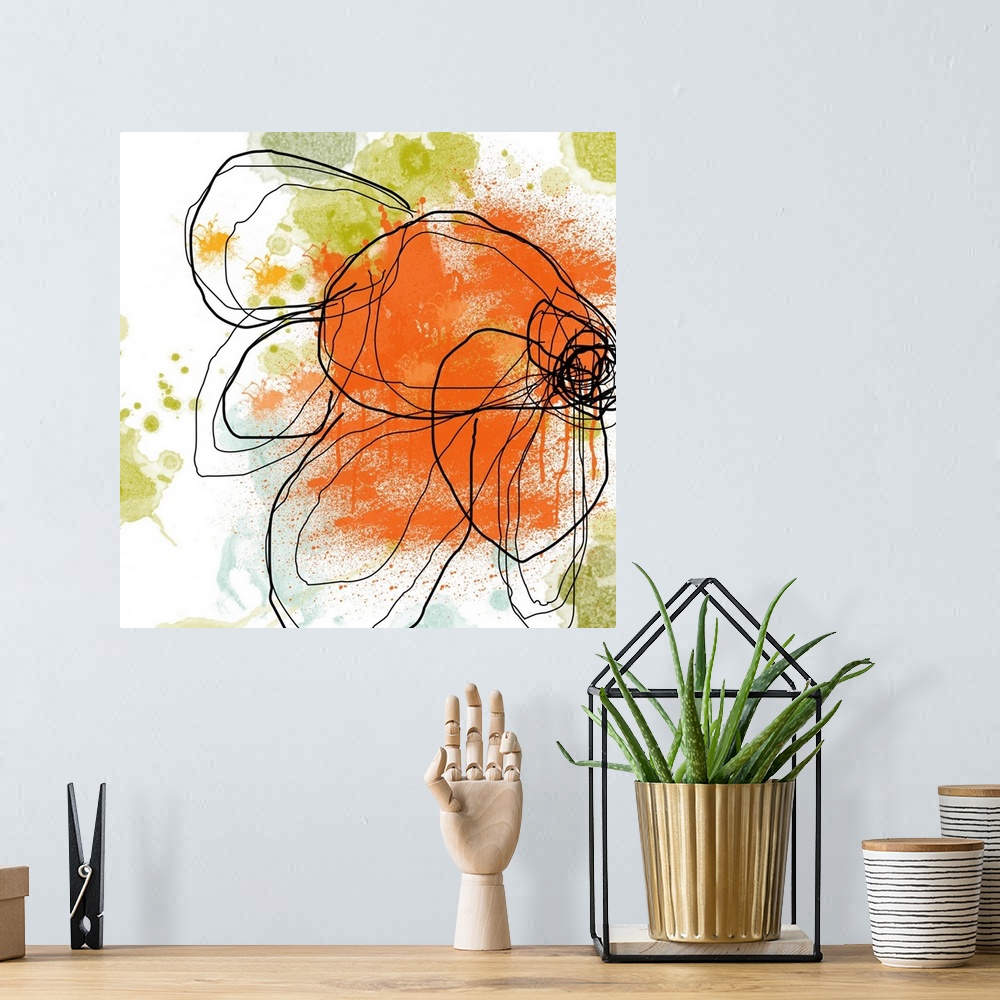 A bohemian room featuring Large contemporary art shows an illustration of an outlined flower against a backdrop intersperse...