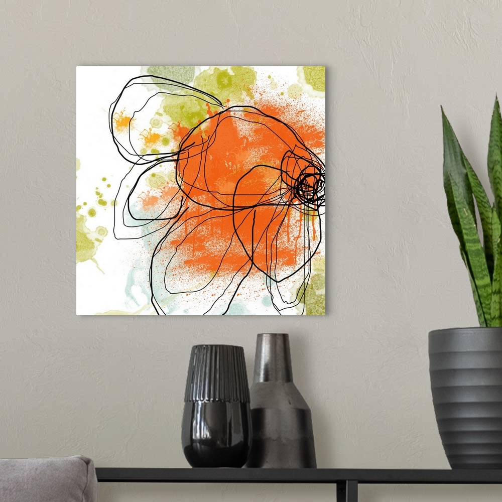 A modern room featuring Large contemporary art shows an illustration of an outlined flower against a backdrop intersperse...