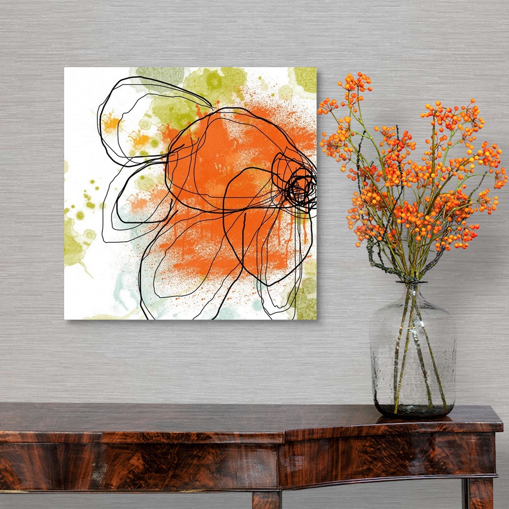 A traditional room featuring Large contemporary art shows an illustration of an outlined flower against a backdrop intersperse...