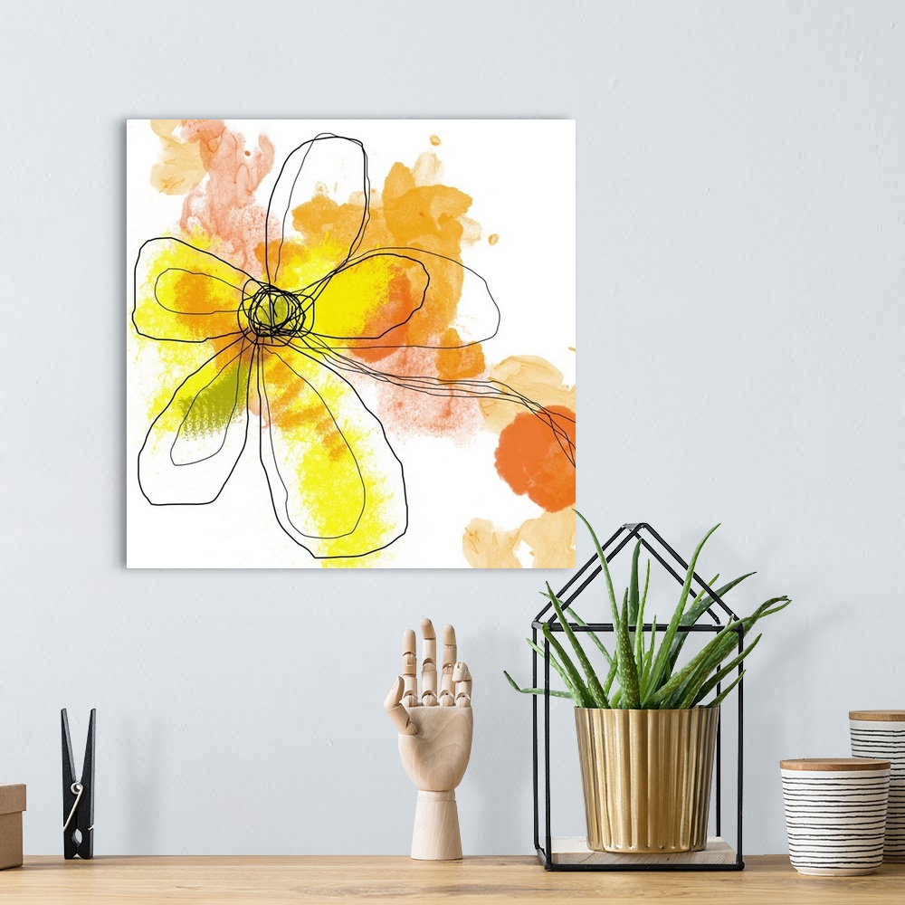 A bohemian room featuring Huge contemporary art shows an illustration of an outlined flower with a background composed of a...
