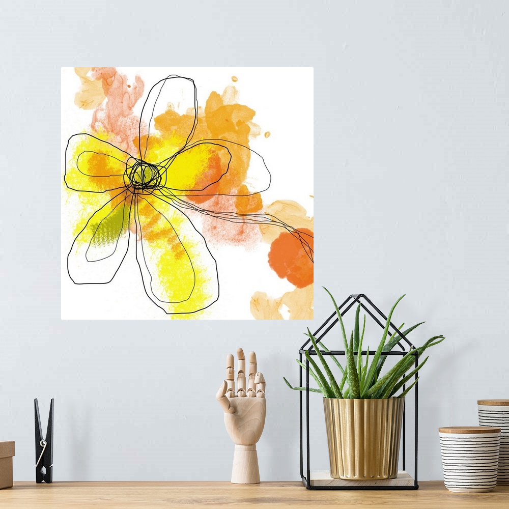 A bohemian room featuring Huge contemporary art shows an illustration of an outlined flower with a background composed of a...