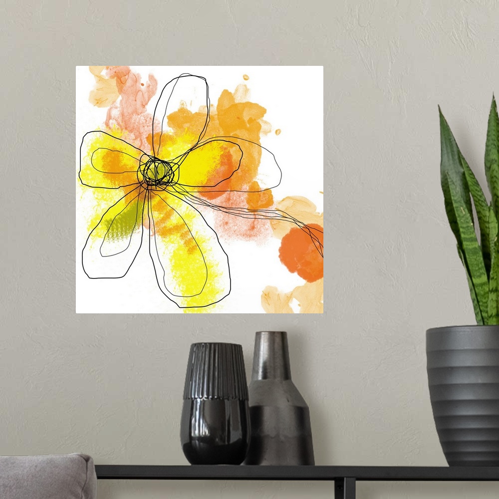 A modern room featuring Huge contemporary art shows an illustration of an outlined flower with a background composed of a...
