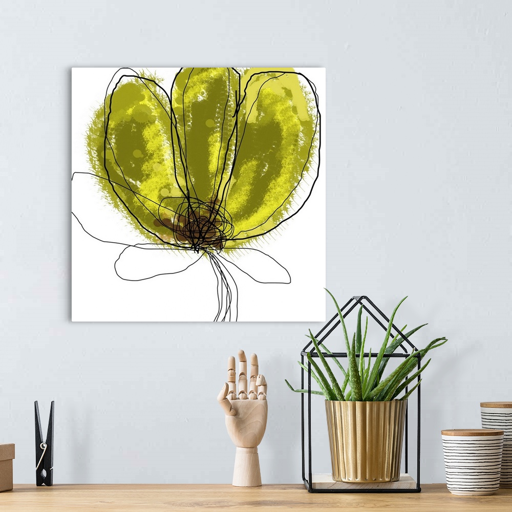 A bohemian room featuring Giant contemporary art shows an illustration of an outlined flower that has a few spots of warm t...