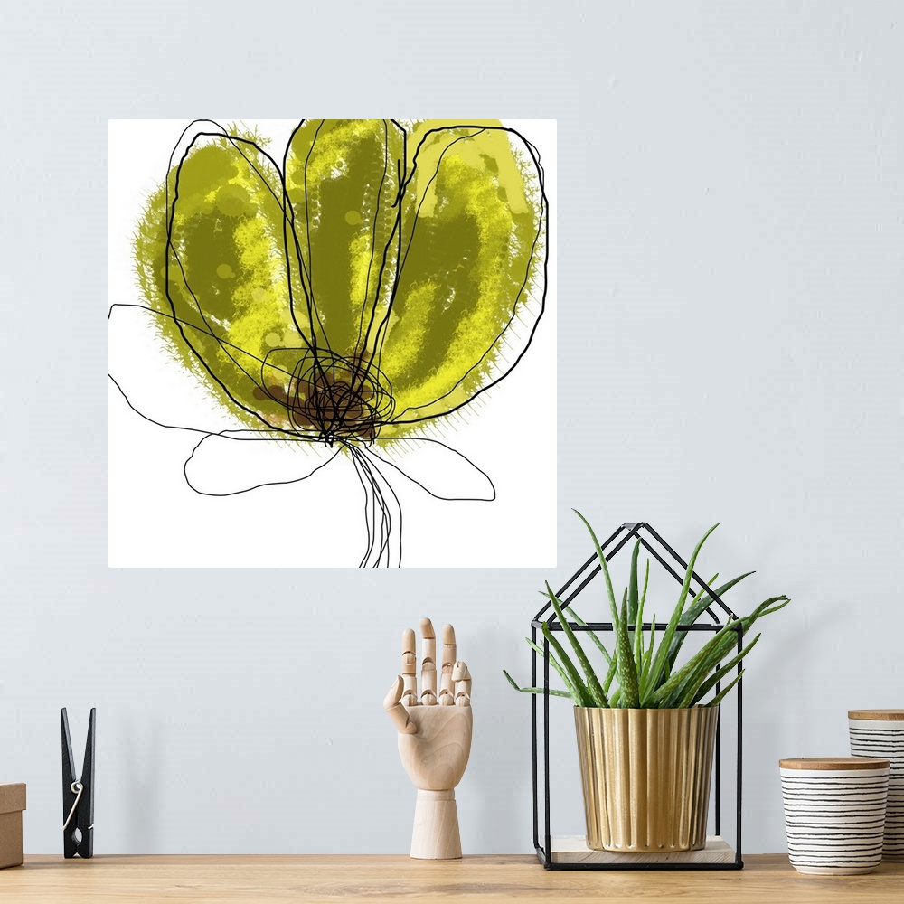 A bohemian room featuring Giant contemporary art shows an illustration of an outlined flower that has a few spots of warm t...