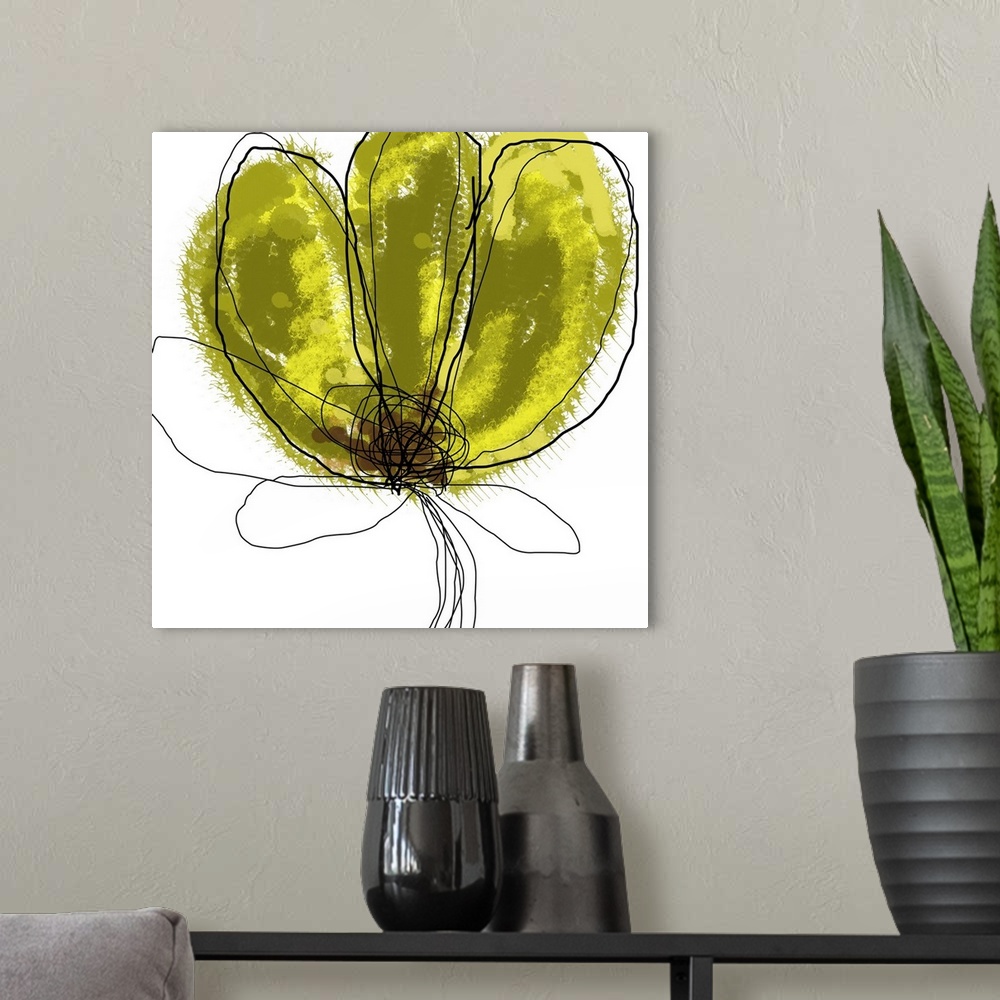 A modern room featuring Giant contemporary art shows an illustration of an outlined flower that has a few spots of warm t...