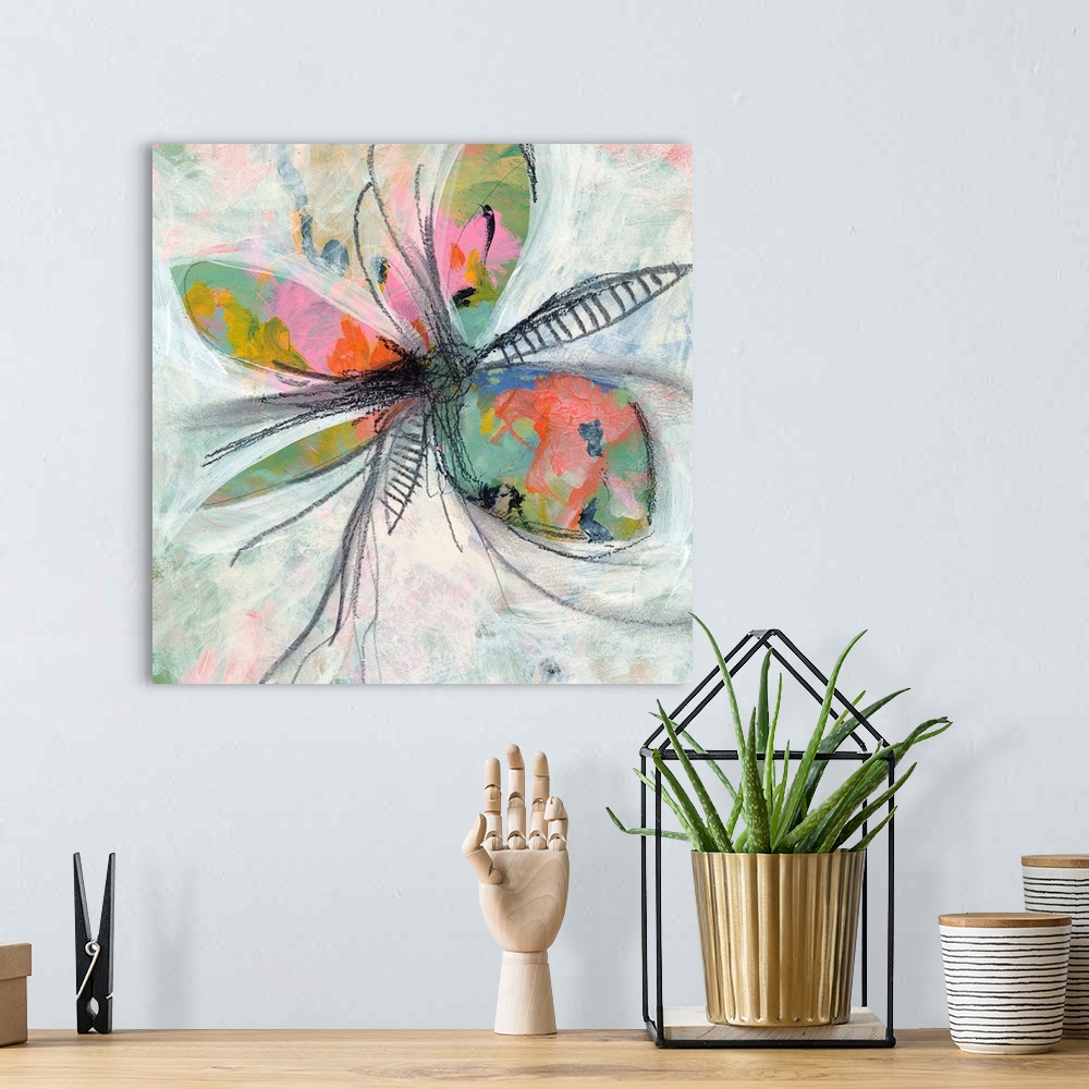 A bohemian room featuring A soft flower painted in acrylic with cool tones in the background and illustrated lines in conte...