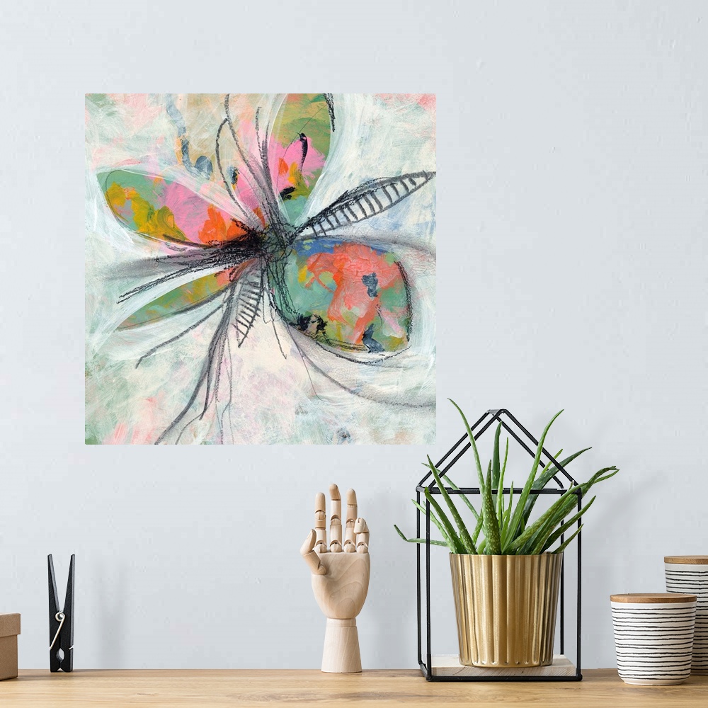 A bohemian room featuring A soft flower painted in acrylic with cool tones in the background and illustrated lines in conte...