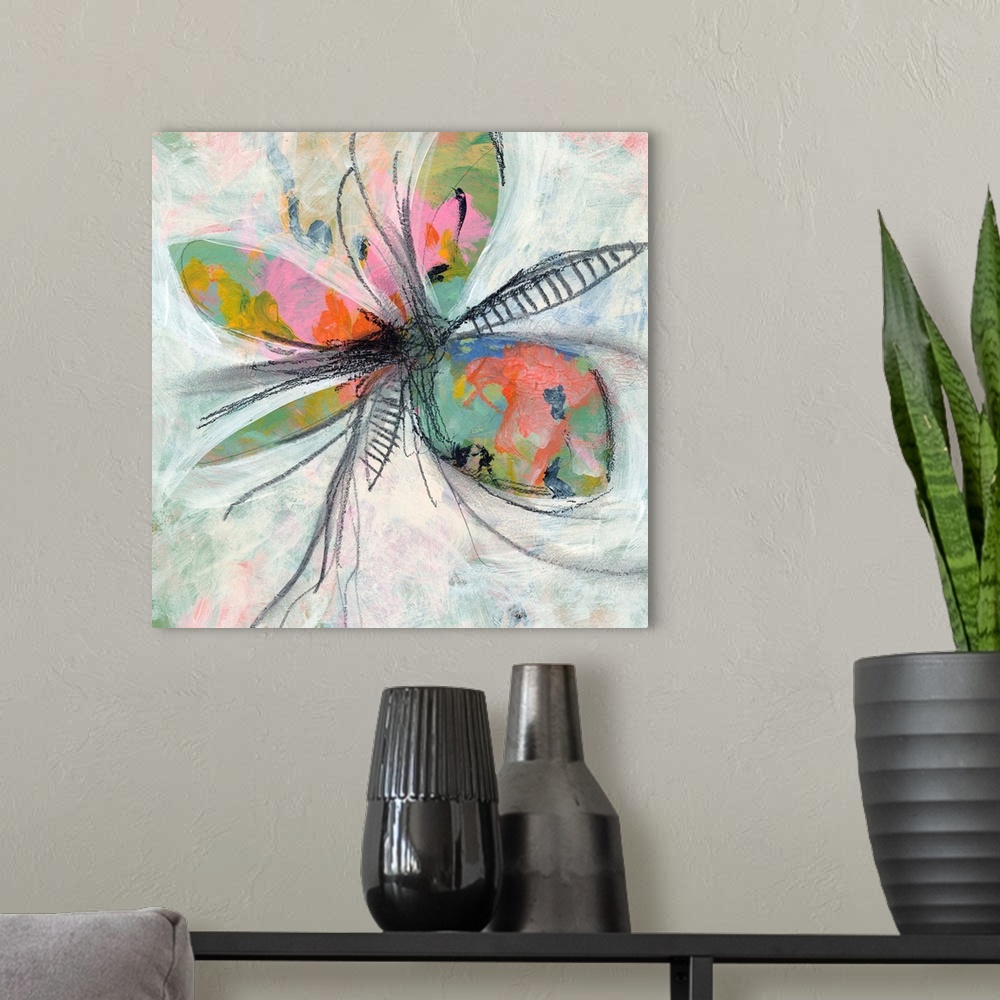 A modern room featuring A soft flower painted in acrylic with cool tones in the background and illustrated lines in conte...