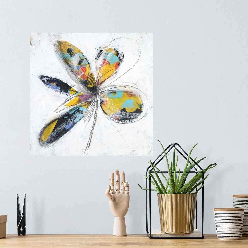 A bohemian room featuring This painting was created by rendering colorful bright splashes on a wood surface in acrylic and ...