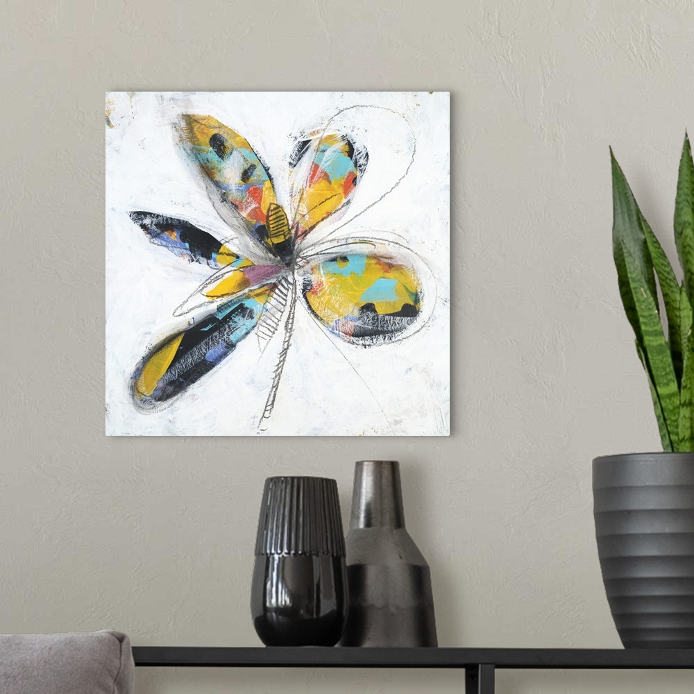 A modern room featuring This painting was created by rendering colorful bright splashes on a wood surface in acrylic and ...