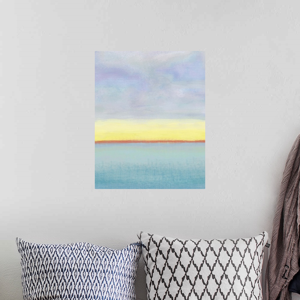 A bohemian room featuring Contemporary abstract artwork resembling a simple seascape with clouds overhead.