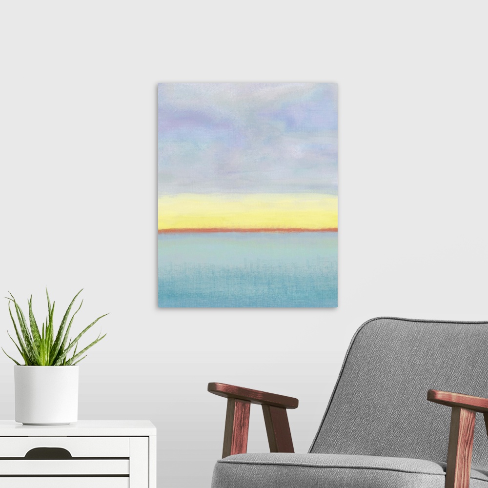 A modern room featuring Contemporary abstract artwork resembling a simple seascape with clouds overhead.