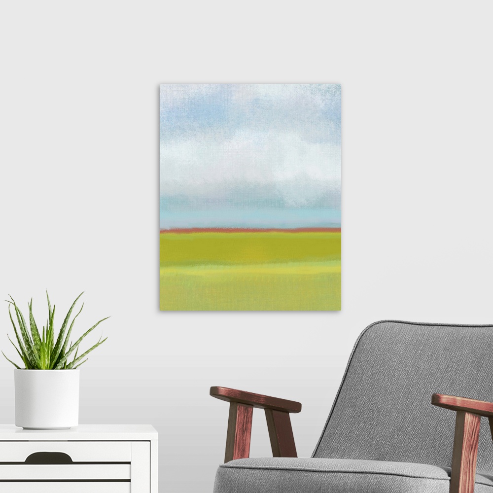 A modern room featuring Contemporary abstract artwork resembling a simple landscape with clouds overhead.