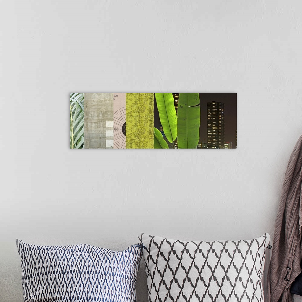 A bohemian room featuring Panoramic collage on canvas of ferns, stones, a target, map, palms and an urban scene.