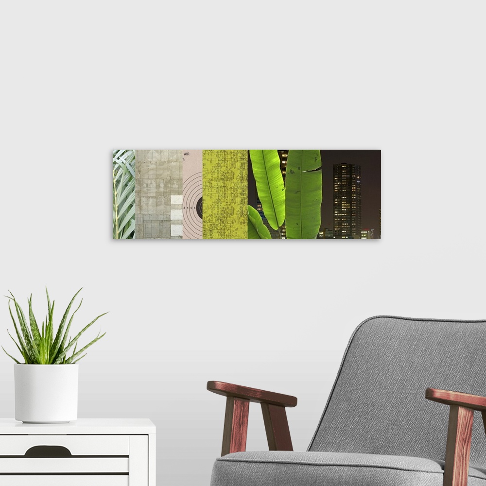 A modern room featuring Panoramic collage on canvas of ferns, stones, a target, map, palms and an urban scene.