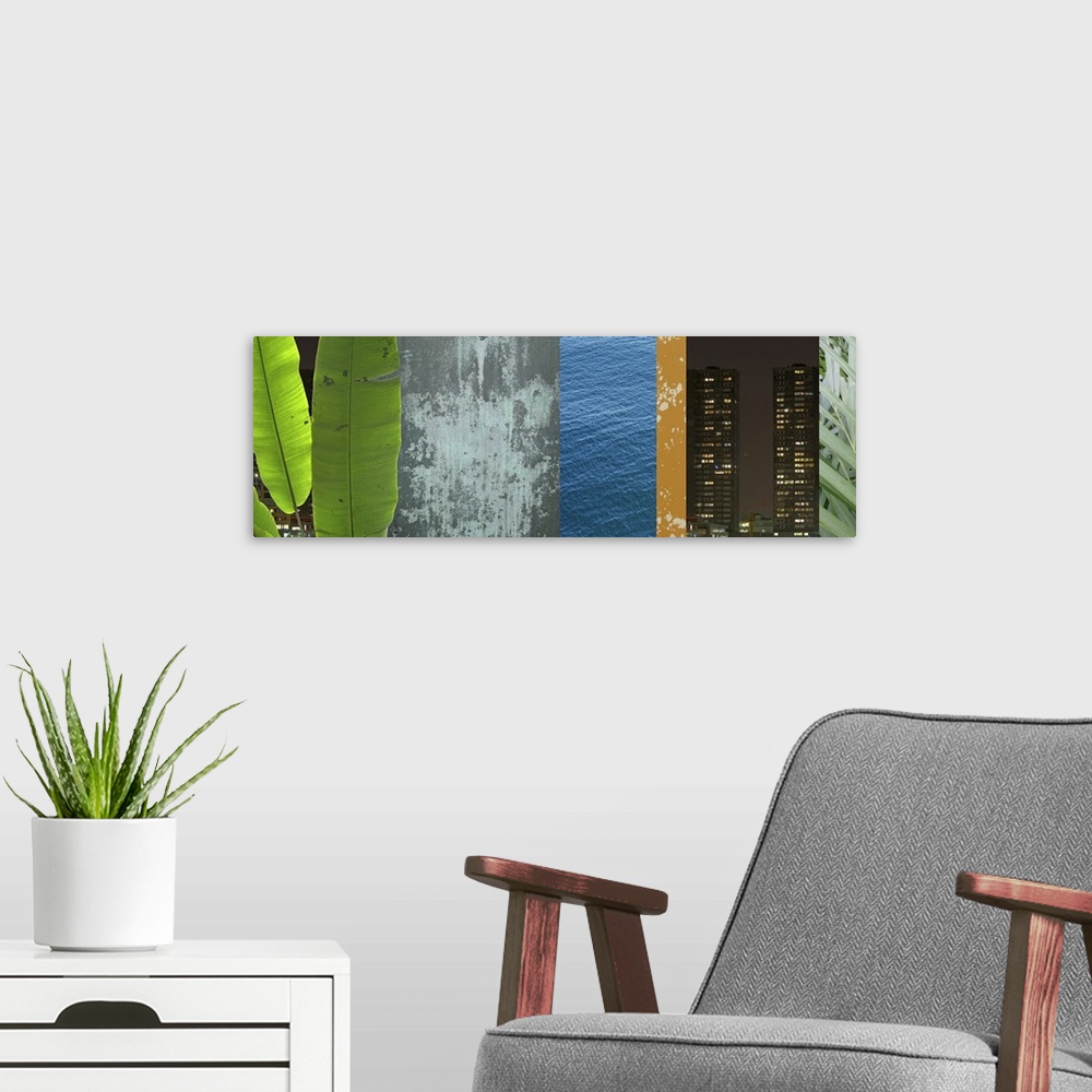 A modern room featuring This panoramic shaped artwork is a combination of various photographs collaged together to create...