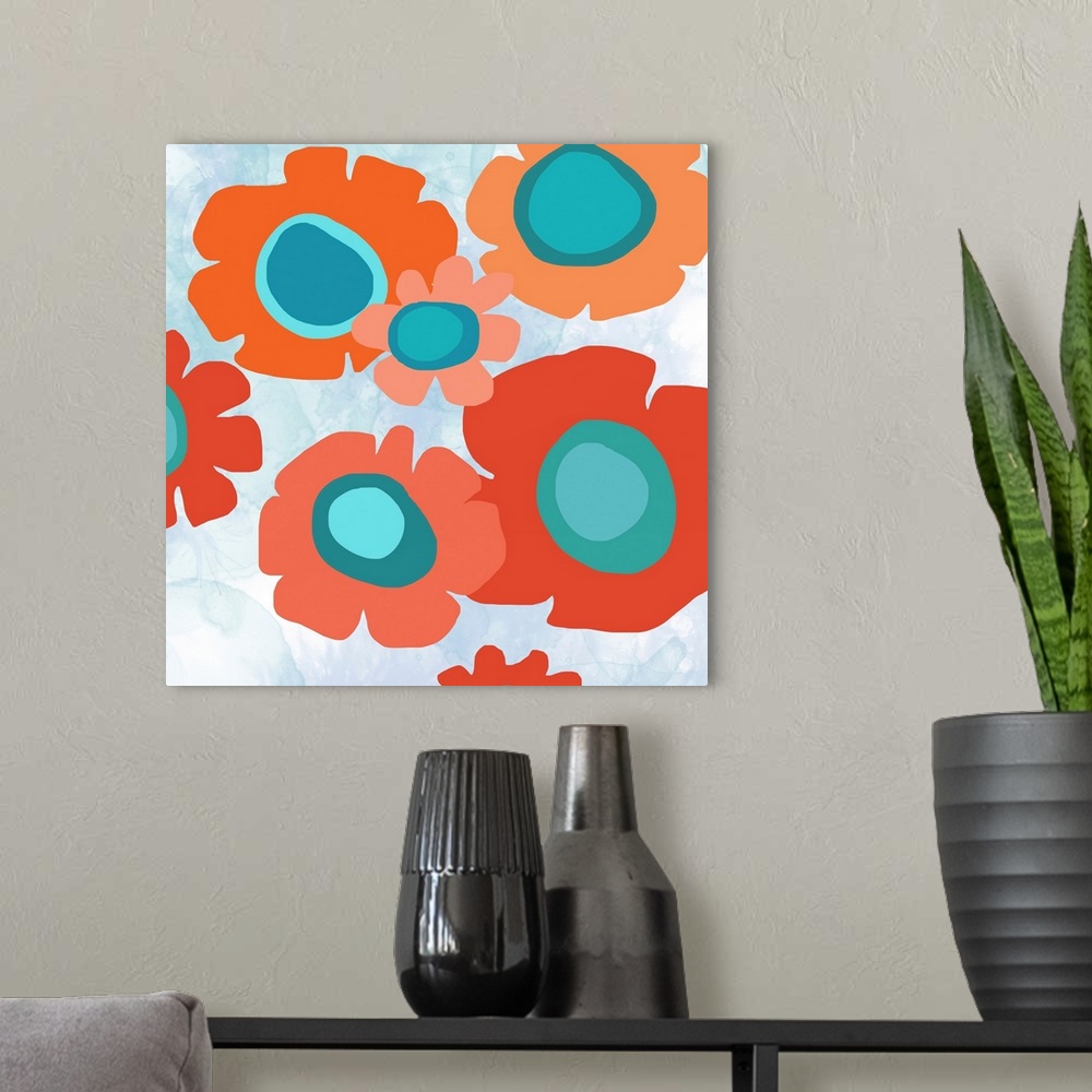 A modern room featuring a Modern Pop botanical with bright tangerine and orange flowers. Perfect for both residential and...