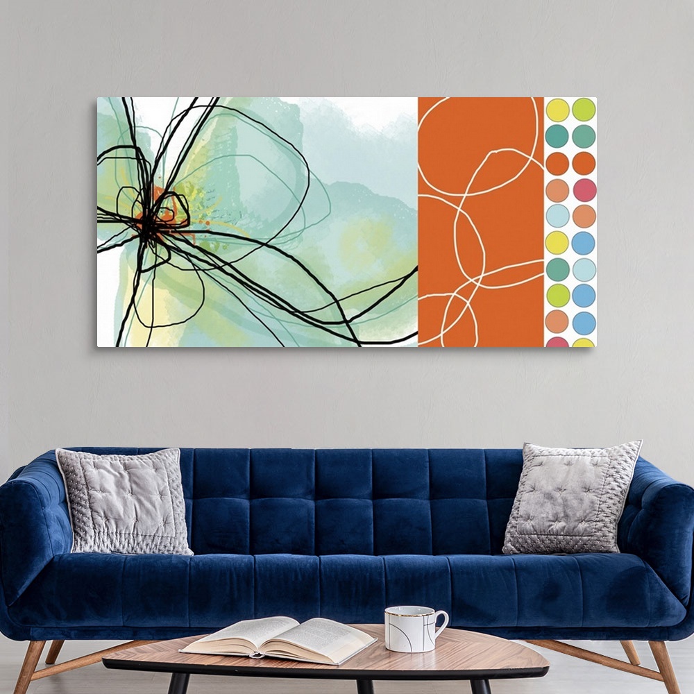 A modern room featuring Abstract canvas print of the outline of a flower on the left and multicolored polka dots on the r...