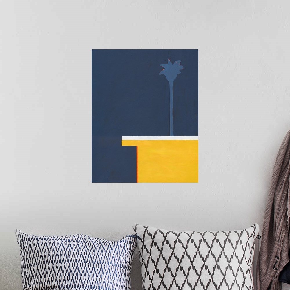 A bohemian room featuring Modern painting of a flat rooftop with a single palm tree rising above it, on a dark blue backgro...