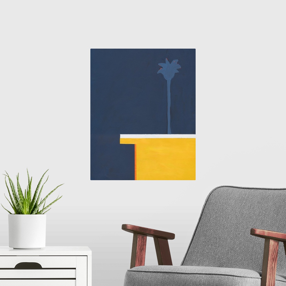 A modern room featuring Modern painting of a flat rooftop with a single palm tree rising above it, on a dark blue backgro...