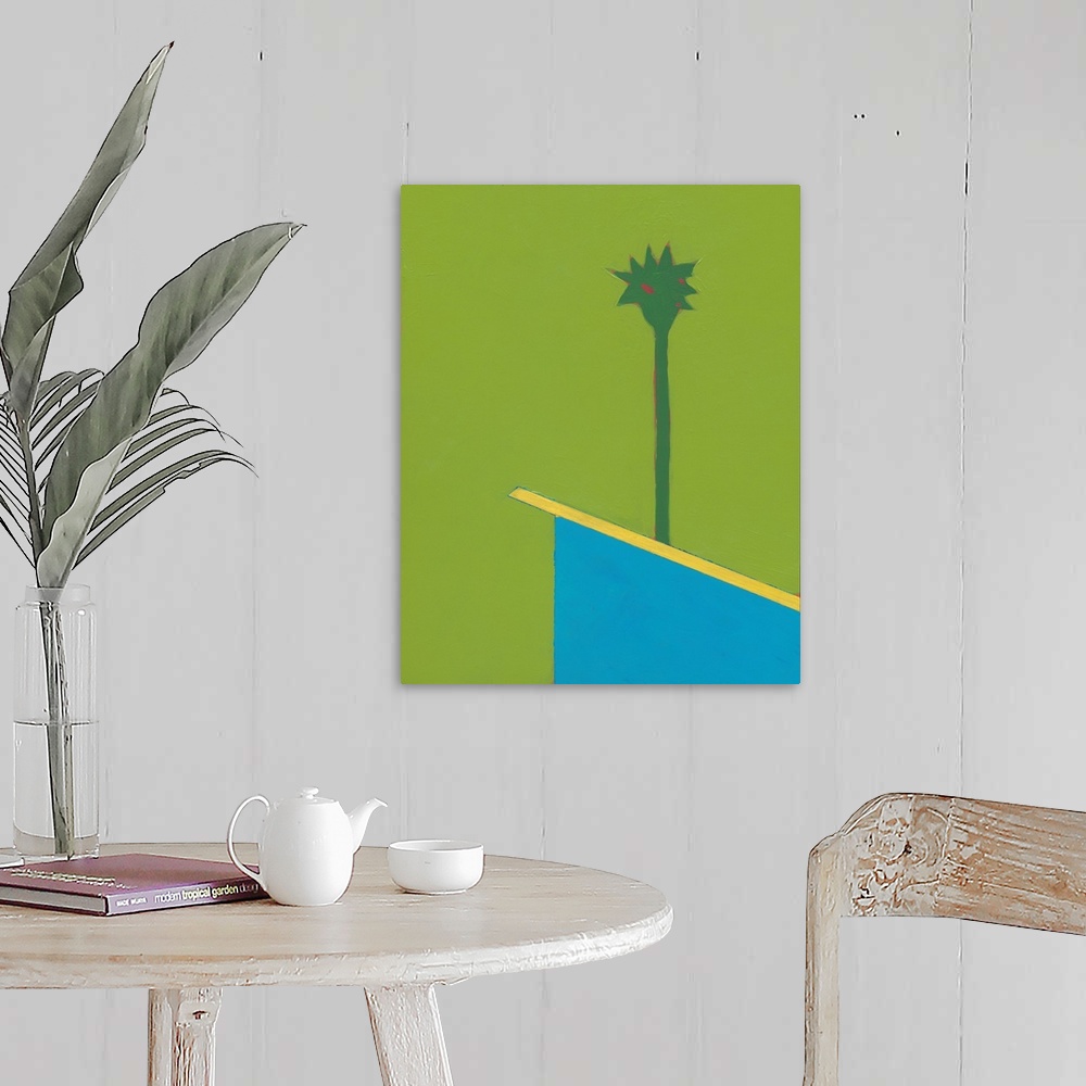 A farmhouse room featuring Modern painting of an angled rooftop with a single palm tree rising above it, on a bright green b...