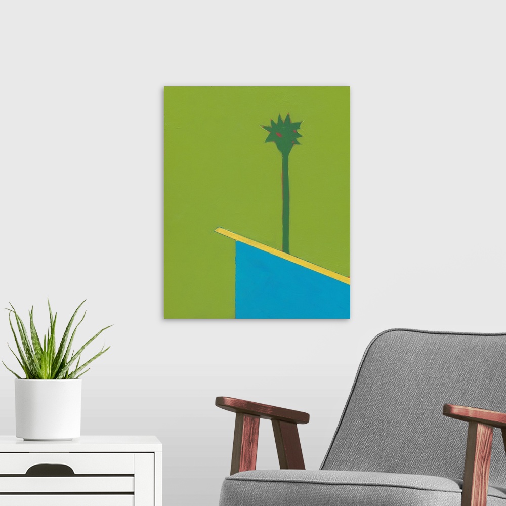 A modern room featuring Modern painting of an angled rooftop with a single palm tree rising above it, on a bright green b...