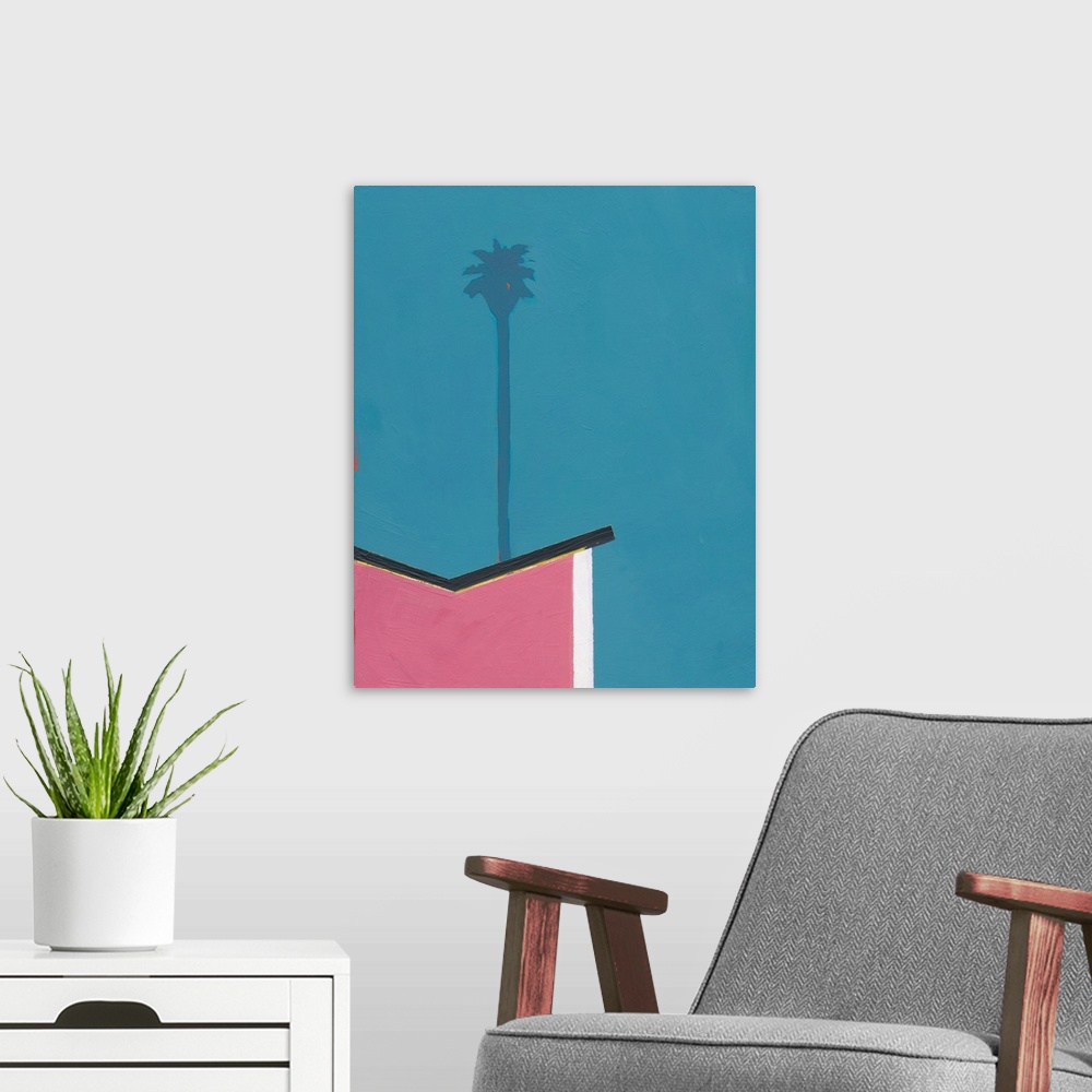 A modern room featuring Modern painting of an angled rooftop with a single palm tree rising above it, on a blue background.
