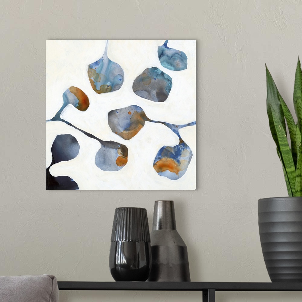 A modern room featuring This painting was created by rendering a blue watery background in acrylic and allowing it to dry...