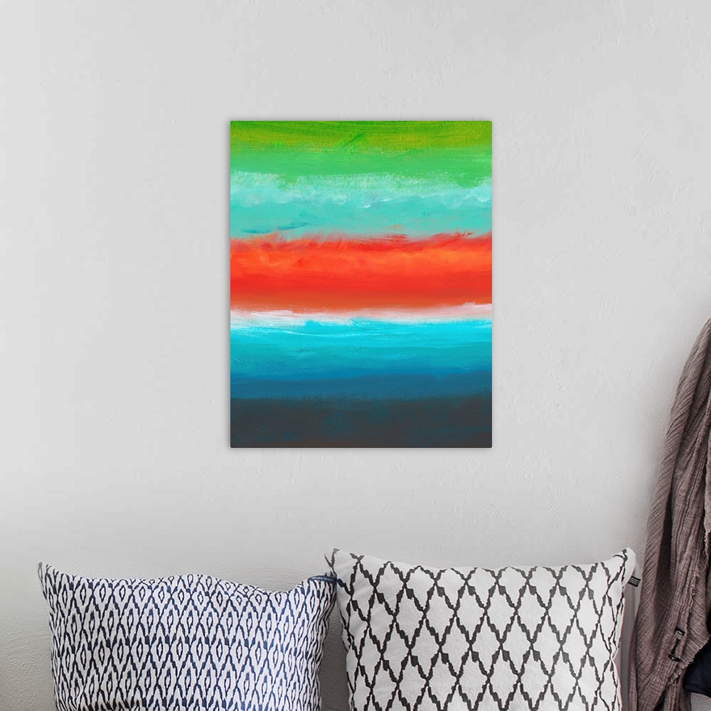 A bohemian room featuring Contemporary abstract artwork resembling an ocean horizon at dusk, with bands of color.