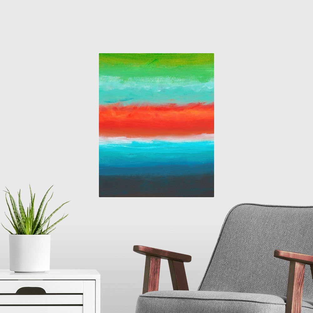 A modern room featuring Contemporary abstract artwork resembling an ocean horizon at dusk, with bands of color.