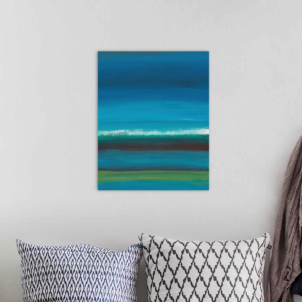 A bohemian room featuring Contemporary abstract artwork resembling an ocean horizon at night, with bands of color.