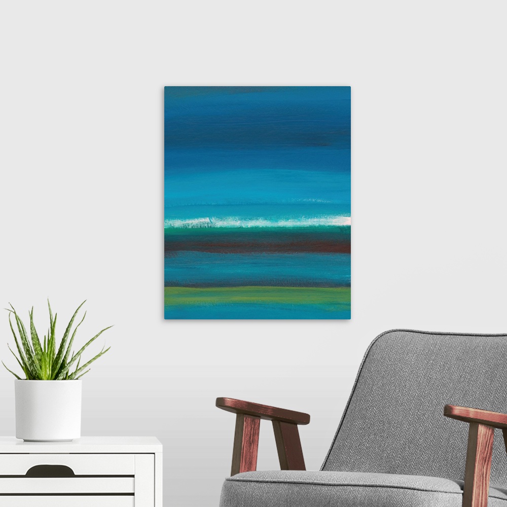 A modern room featuring Contemporary abstract artwork resembling an ocean horizon at night, with bands of color.