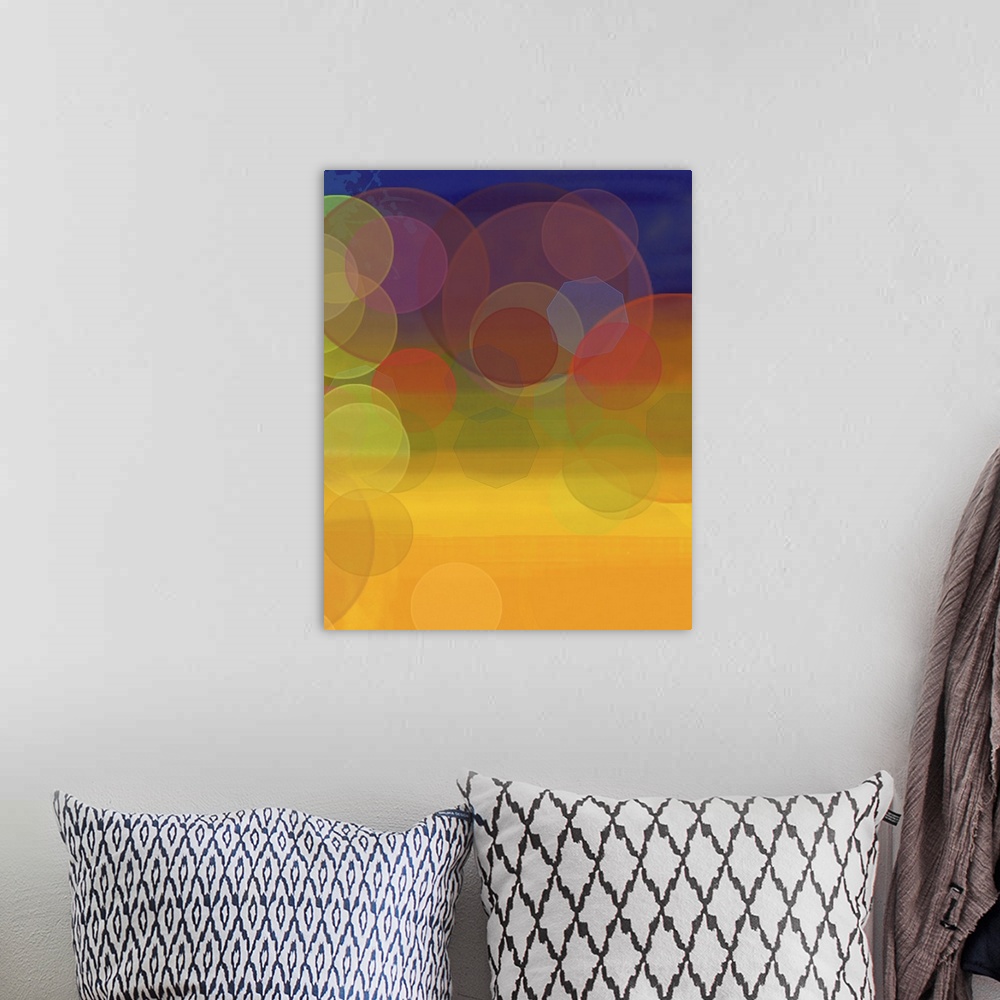 A bohemian room featuring Contemporary abstract digital painting on canvas of the lights in the distance in a very dark night.