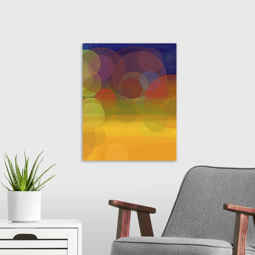A modern room featuring Contemporary abstract digital painting on canvas of the lights in the distance in a very dark night.