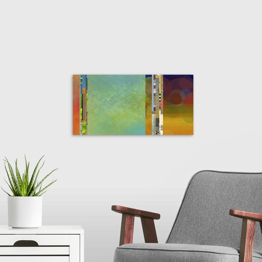 A modern room featuring An abstract collage created by using parts of other images and then cropping and slicing to be co...