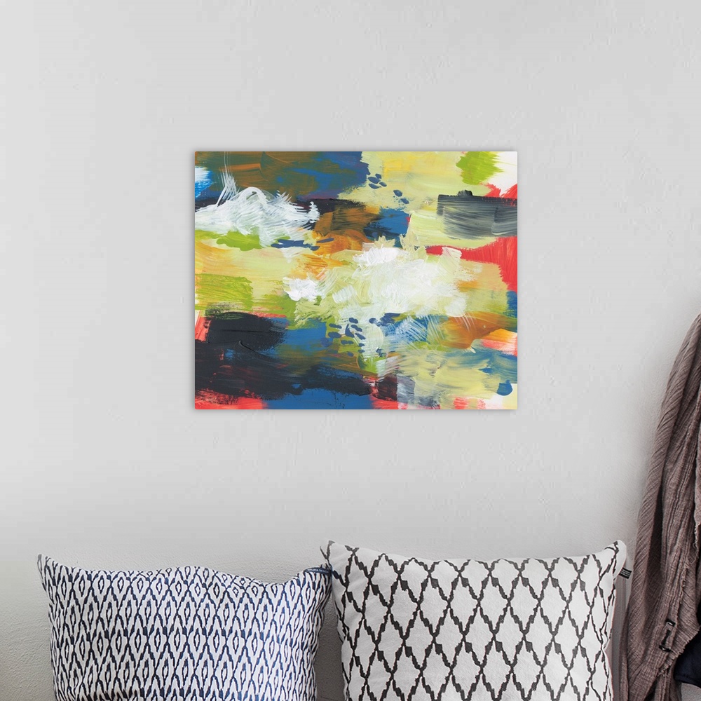 A bohemian room featuring Abstract painting with vibrant colors and textured brushstrokes with busy motion.