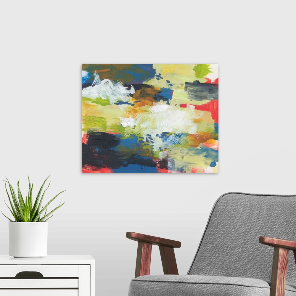 A modern room featuring Abstract painting with vibrant colors and textured brushstrokes with busy motion.